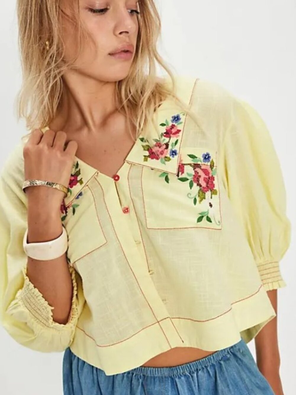 Free People Pale Yellow Embroidered Floral Puff Sleeve Blouse - Picture 3 of 5